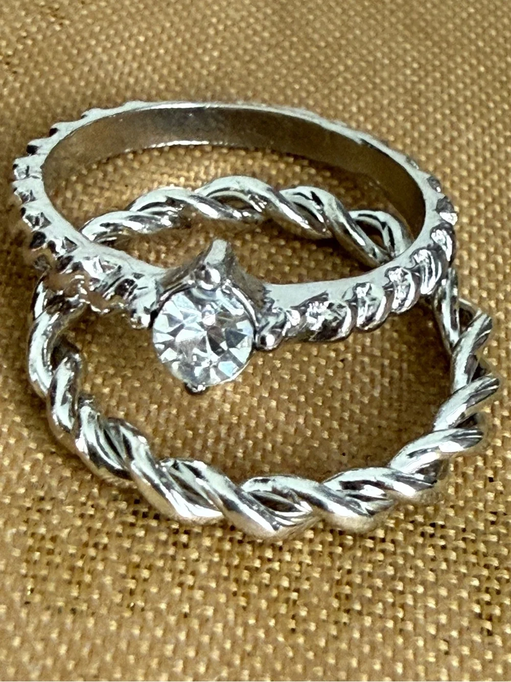 Silver-Tone Twisted Stackable Ring Set with Clear Crystal